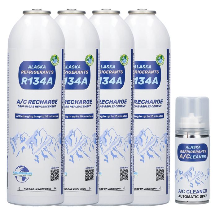 4 x refrigerante de sustitución R134a para vehículos (Spray de limpieza AC de regalo)