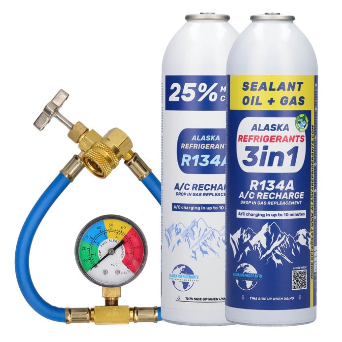 1 x +25% HC 134a (gas de sustitución R134), 1 x 3en1 HC 134a (gas de sustitución R134), tubo y manómetro