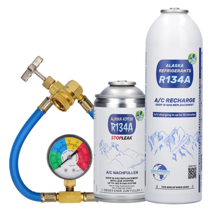 Refrigerante de sustitución R134a para vehículos + sellador + tubo y manómetro